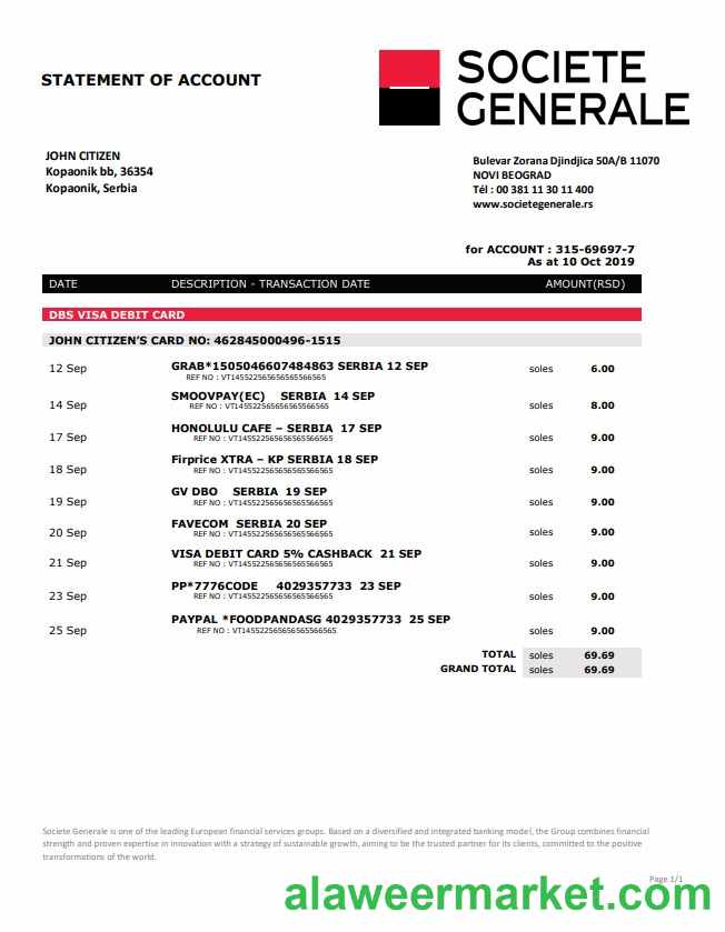 Serbia Societe Generale bank proof of address statement template in Word and PDF format